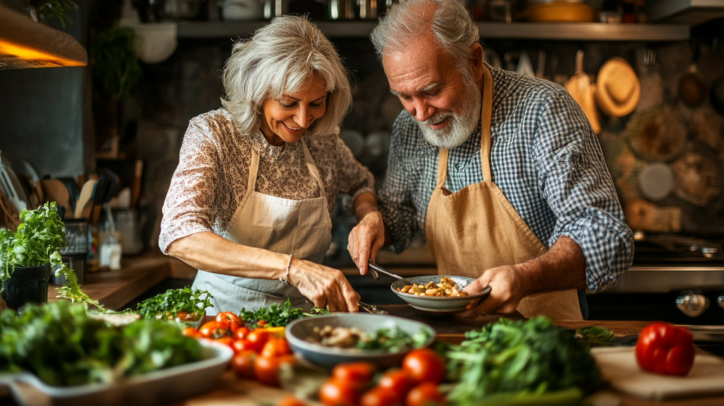 Щаслива літня пара готує здорову їжу